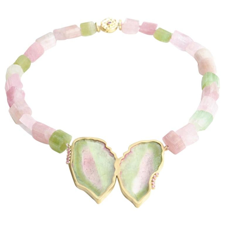Susan Lister Locke Watermelon Tourmaline and Pink Sapphire Butterfly Necklace For Sale