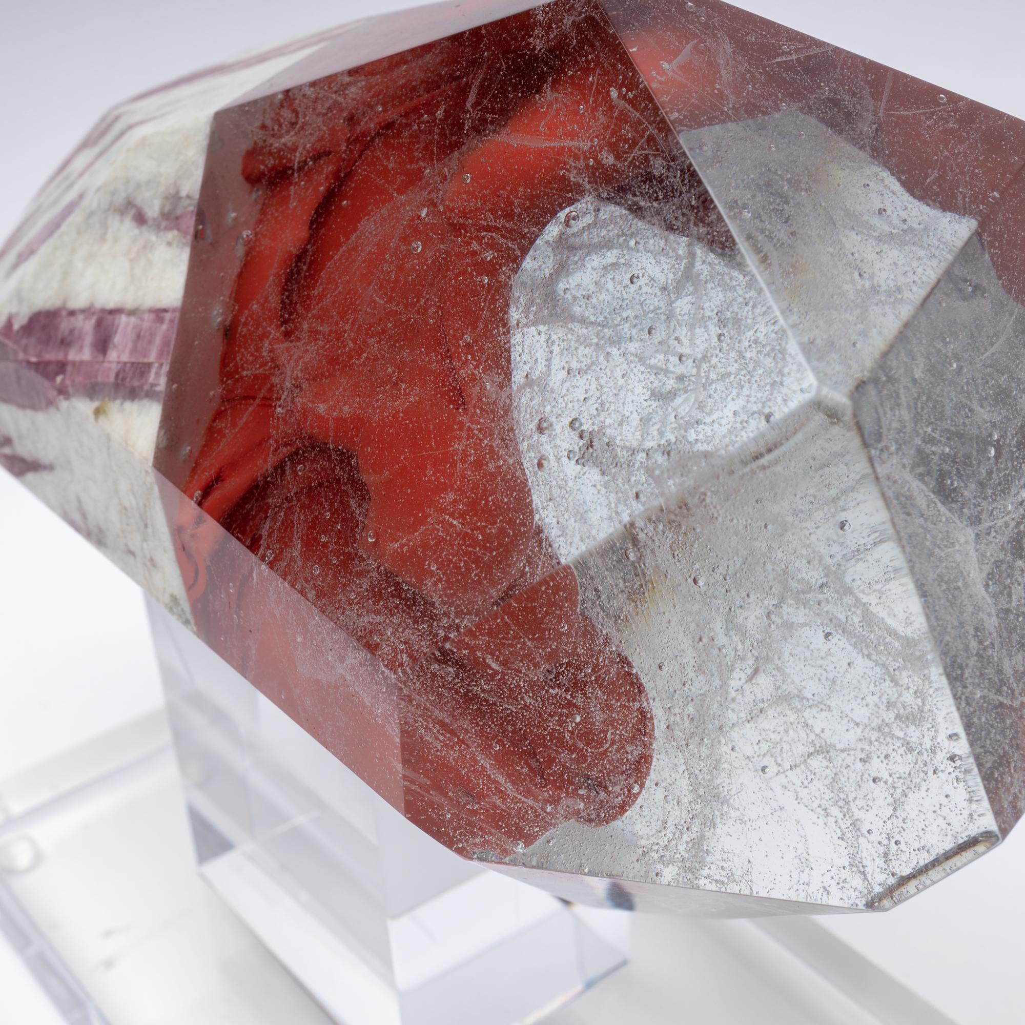 XXIe siècle et contemporain Sculpture en verre de tourmaline melon d'eau et quartz sur base acrylique en vente