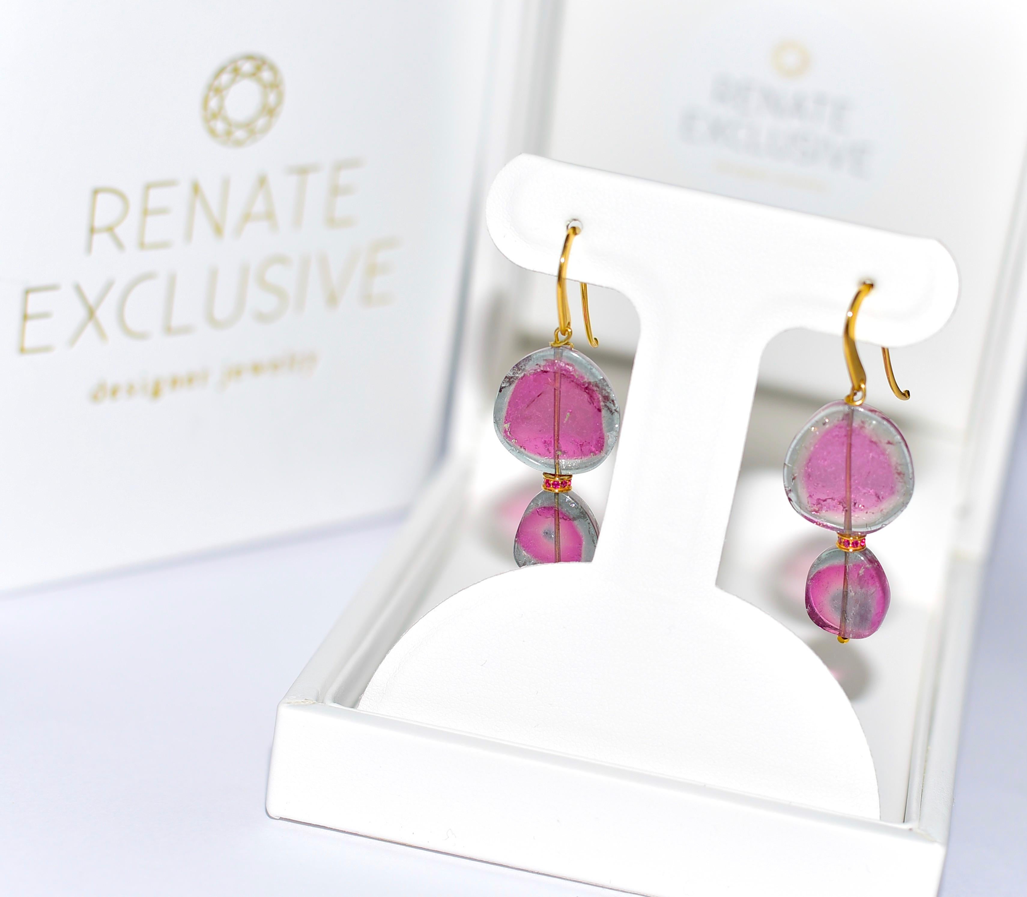 Bohemian Luxury! Rare Watermelon Tourmaline slice bead ( 18.35CT) and smaller (12.35CT) Fine Pink Blue Watermelon Tourmaline Slice Bead with elegant Ruby Eternity spacer earrings are GORGEOUS and elegant accessories for your everyday wear!

Total