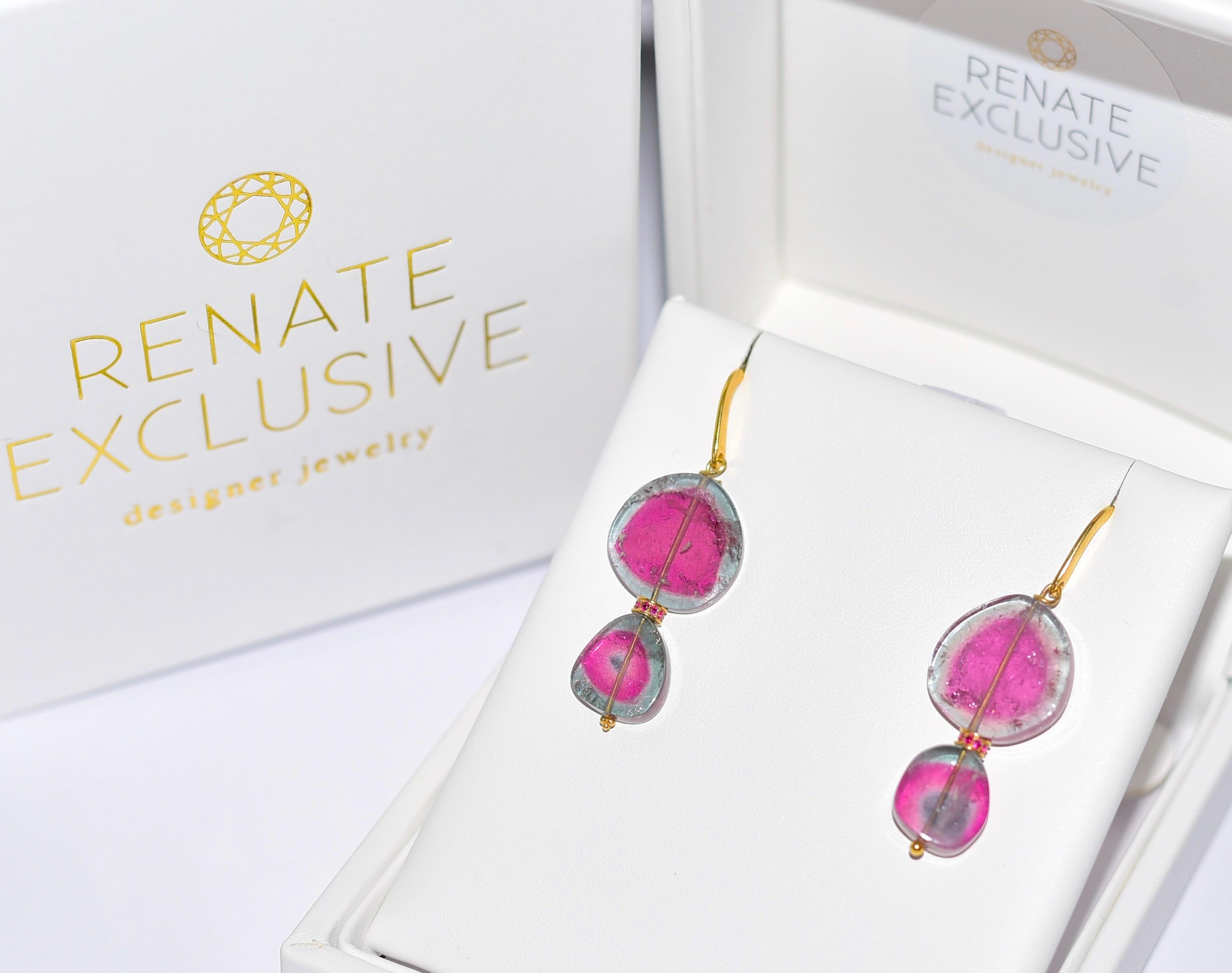 Women's Watermelon Tourmaline, Ruby Eternity Bead Earrings in 18K Solid Yellow Gold