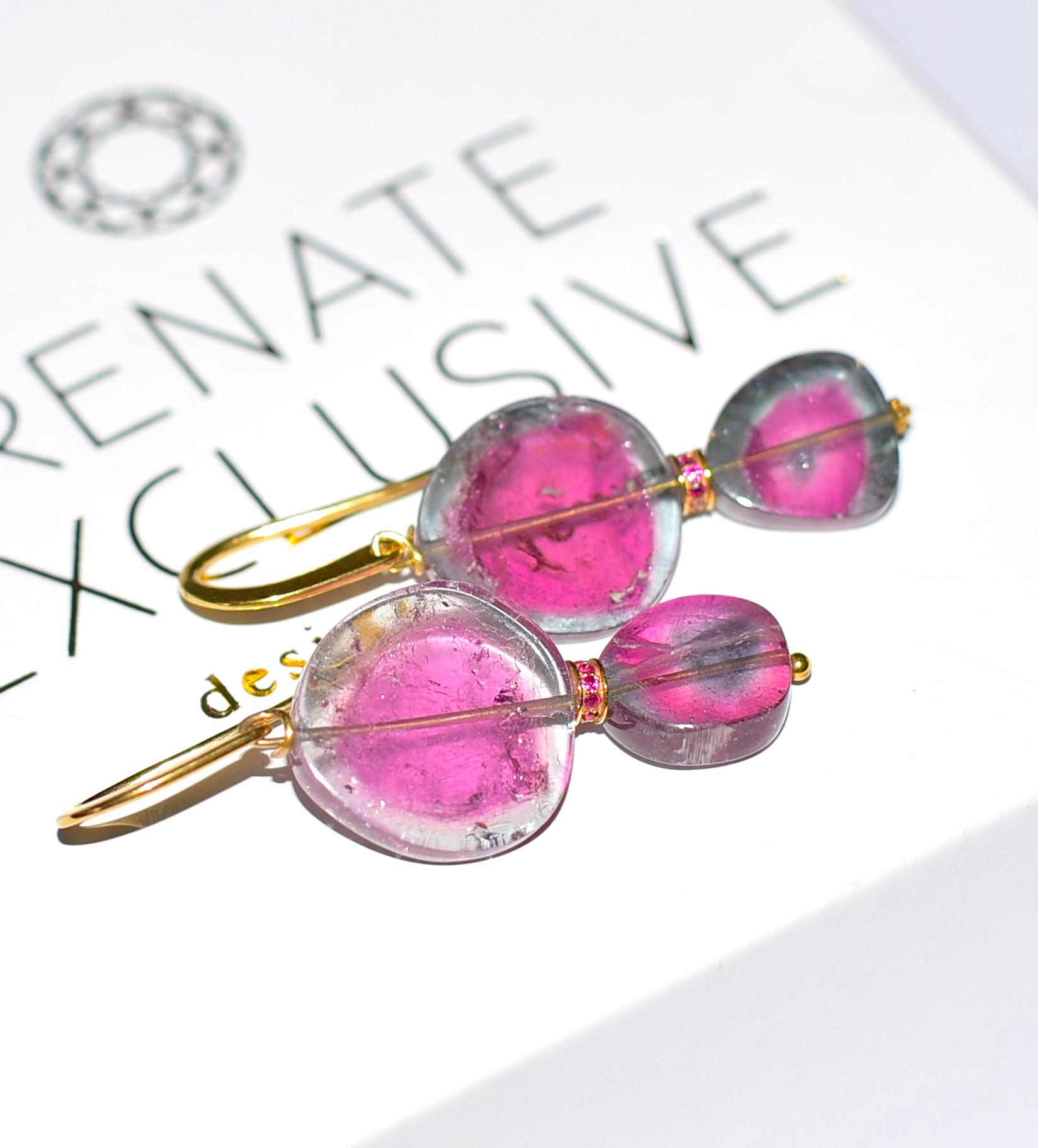 Watermelon Tourmaline, Ruby Eternity Bead Earrings in 18K Solid Yellow Gold In New Condition In Astoria, NY