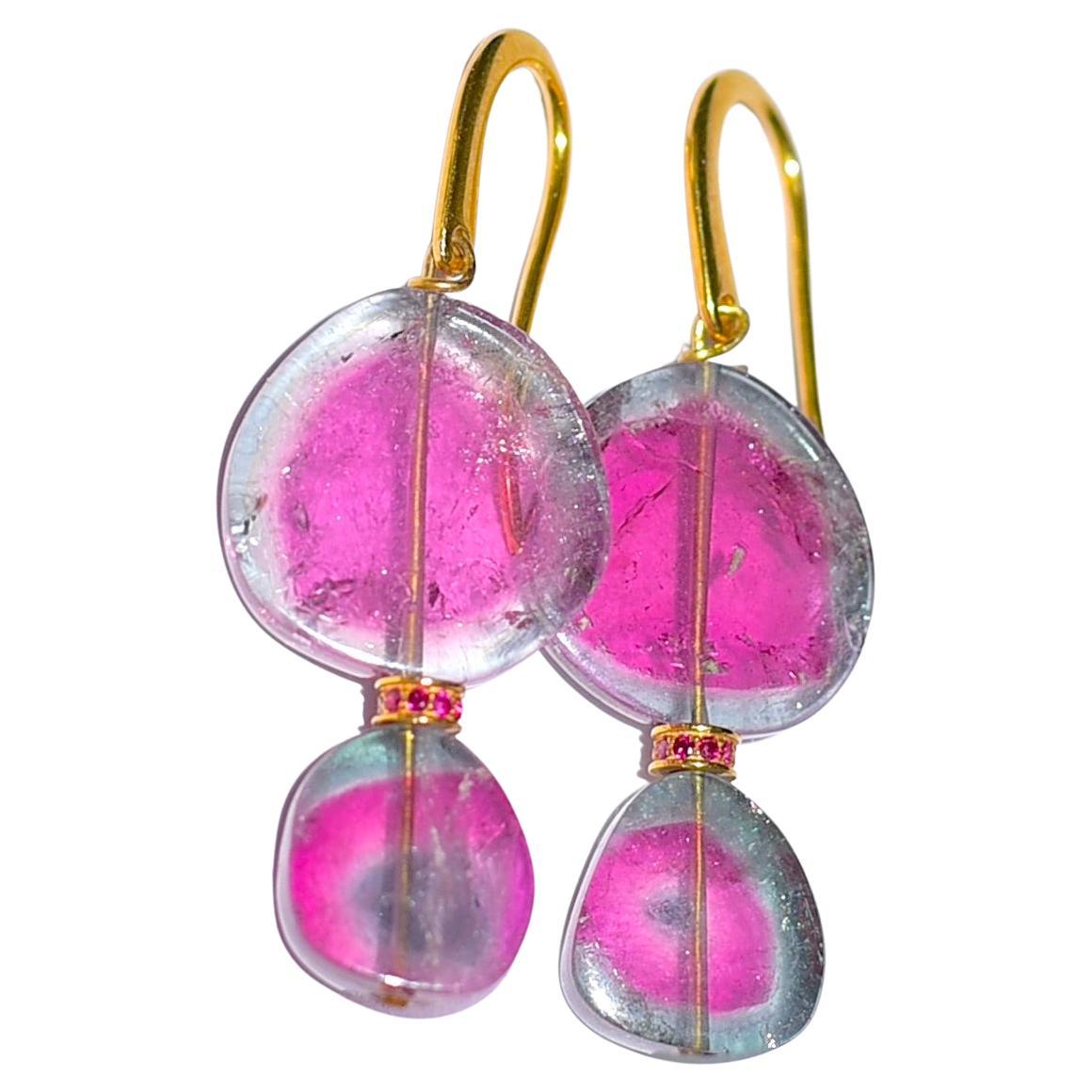 Watermelon Tourmaline, Ruby Eternity Bead Earrings in 18K Solid Yellow Gold