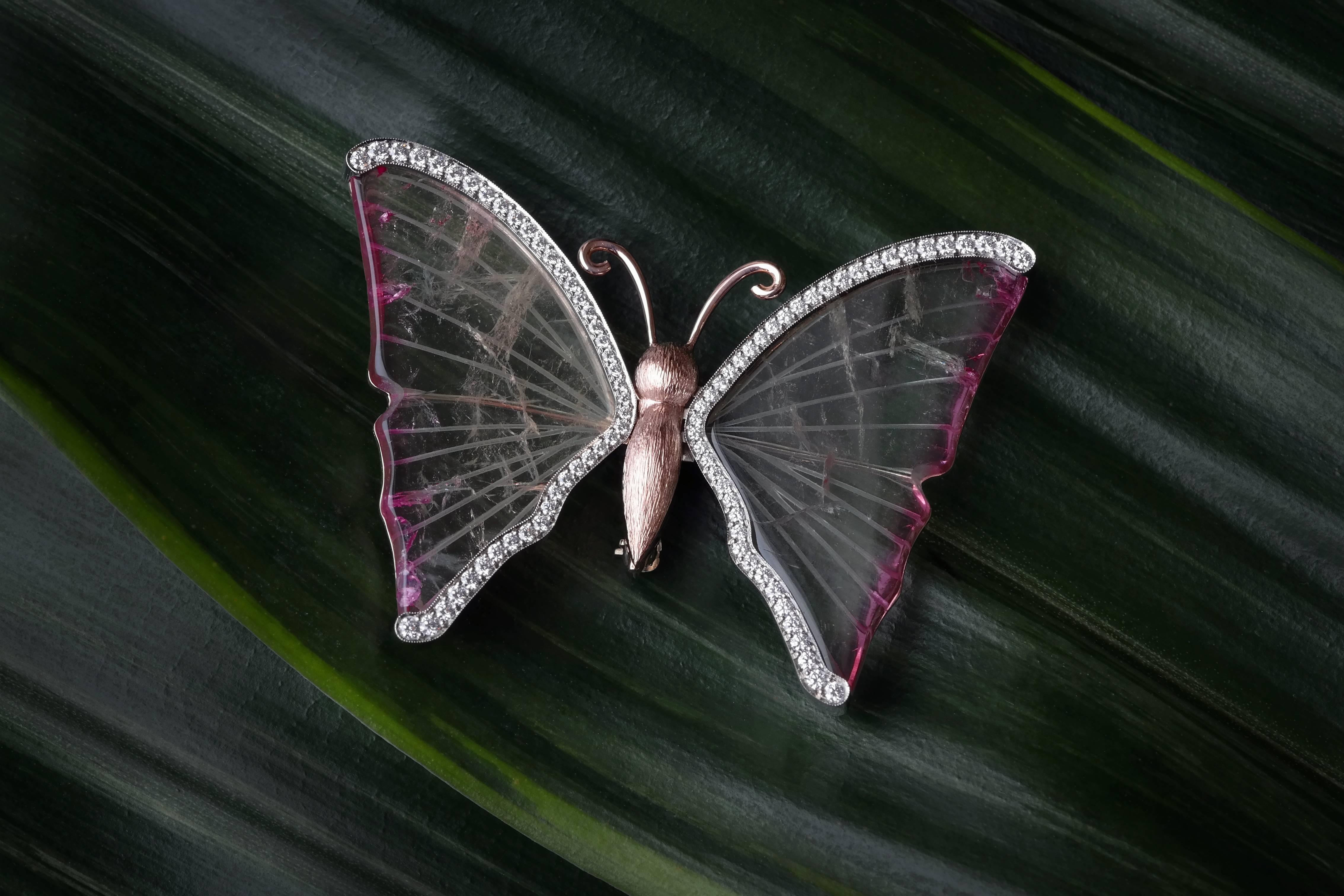Art Nouveau Watermelon Tourmaline Butterfly Brooch Pendant with Diamond Wings
