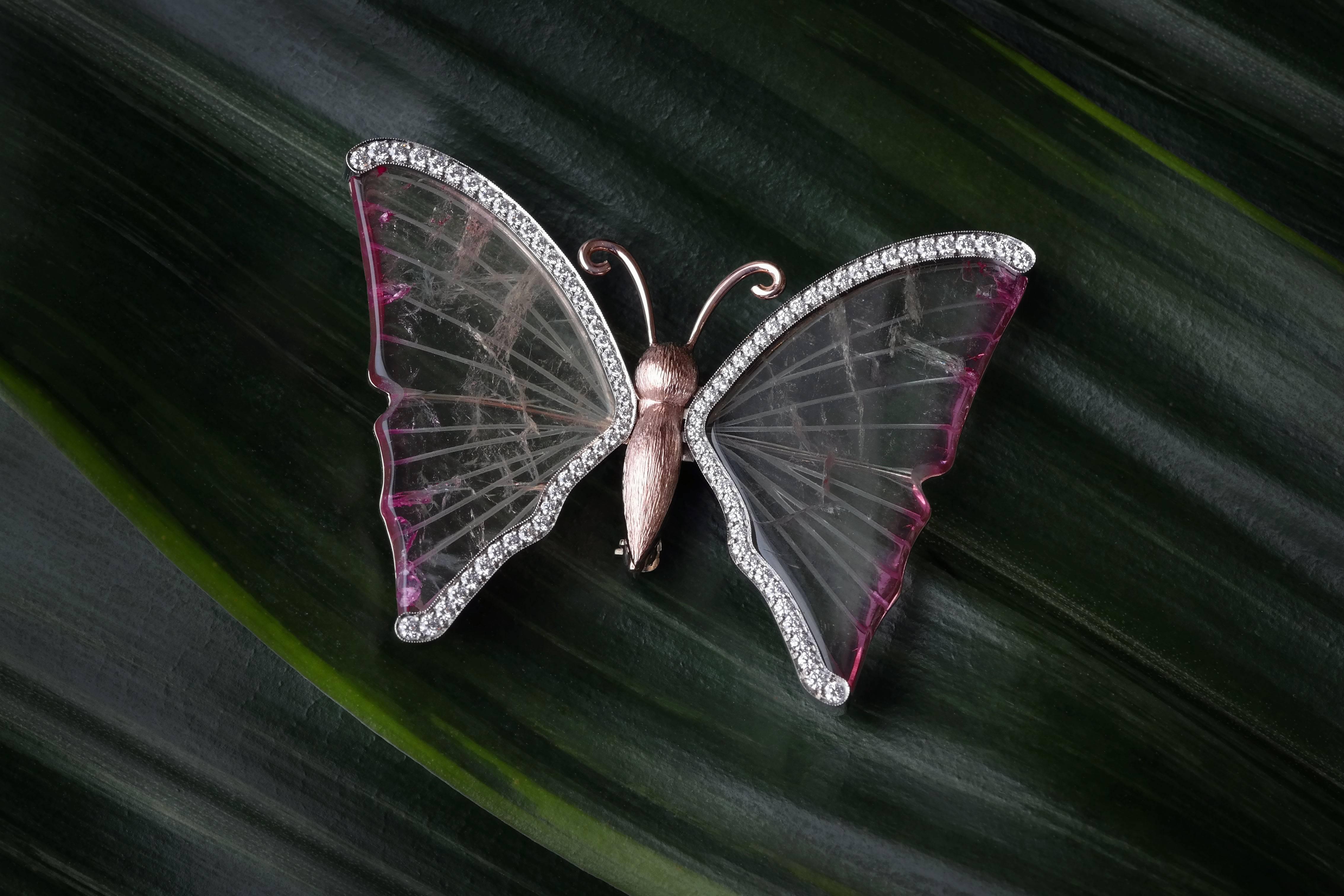 Watermelon Tourmaline Butterfly Brooch Pendant with Diamond Wings In New Condition In Lafayette, LA