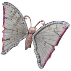 Watermelon Tourmaline Butterfly Brooch Pendant with Diamond Wings