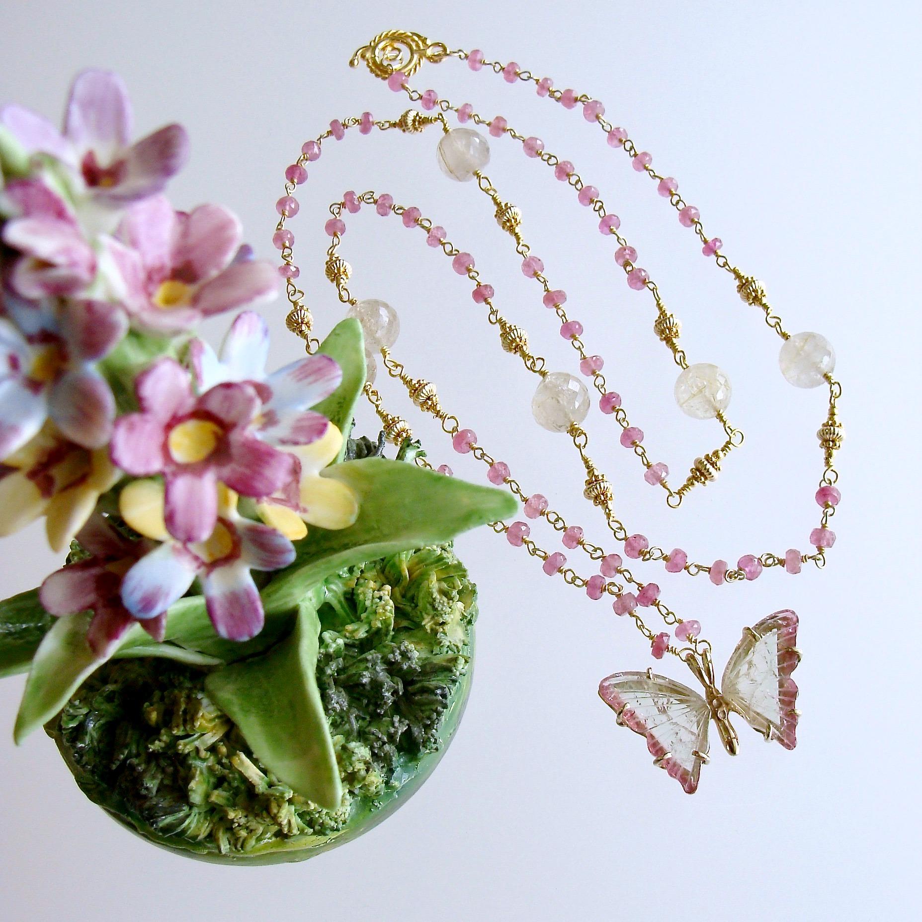 Artisan Watermelon Tourmaline Butterfly Necklace Pink Sapphires Rutilated Quartz