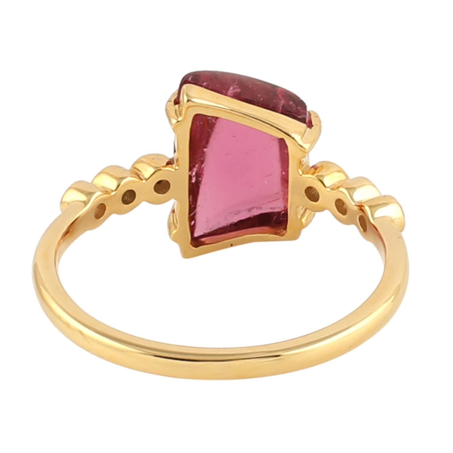 Artisan Pink Tourmaline Cocktail Ring With Diamonds In Bezel Settings In 18k Gold For Sale