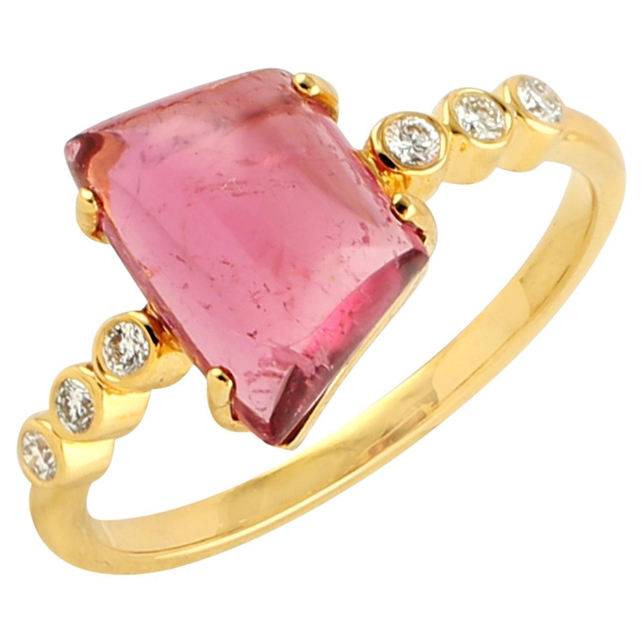 Pink Tourmaline Cocktail Ring With Diamonds In Bezel Settings In 18k Gold For Sale