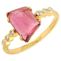 Pink Tourmaline Cocktail Ring With Diamonds In Bezel Settings In 18k Gold