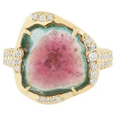 Watermelon Tourmaline Cocktail Ring with Diamonds Made in 18k Yellow Gold