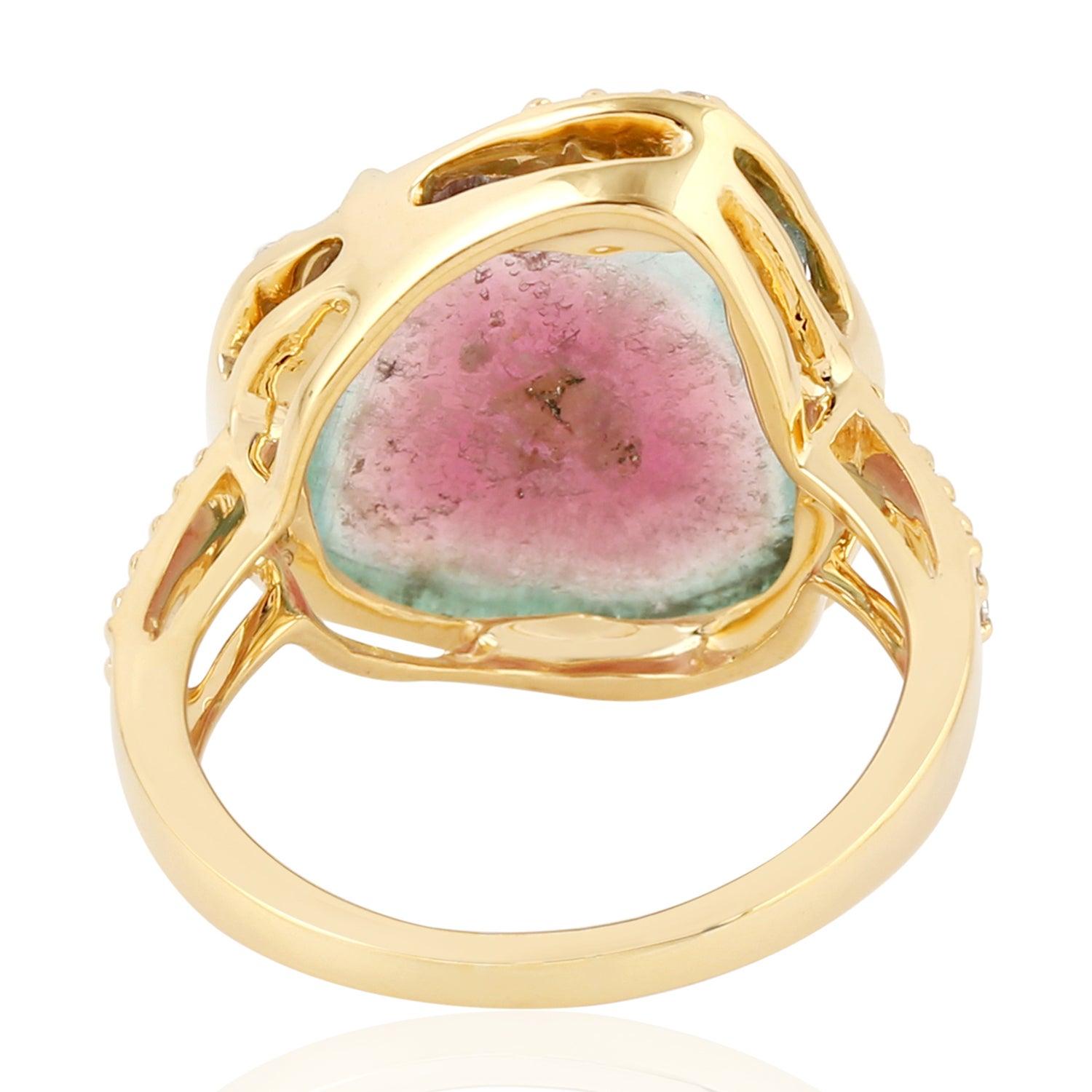 For Sale:  Watermelon Tourmaline Diamond 18 Karat Gold Ring 2