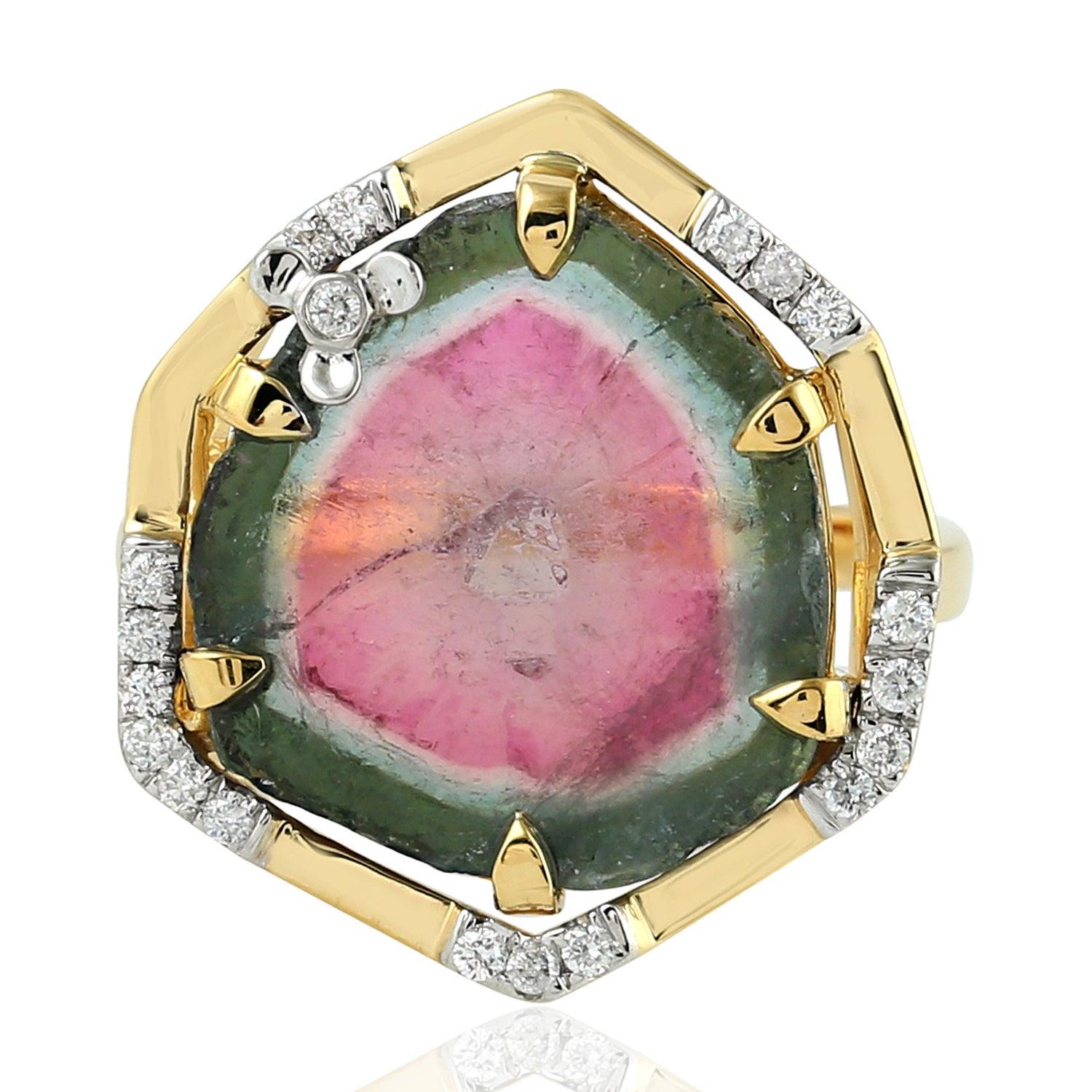 En vente :  Bague en or 18 carats avec tourmaline melon d'eau et diamants 4
