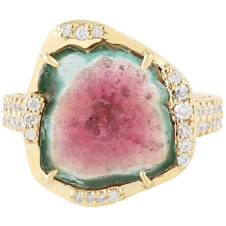 Customizable Watermelon Tourmaline Diamond 18 Karat Gold Ring For - Main Image