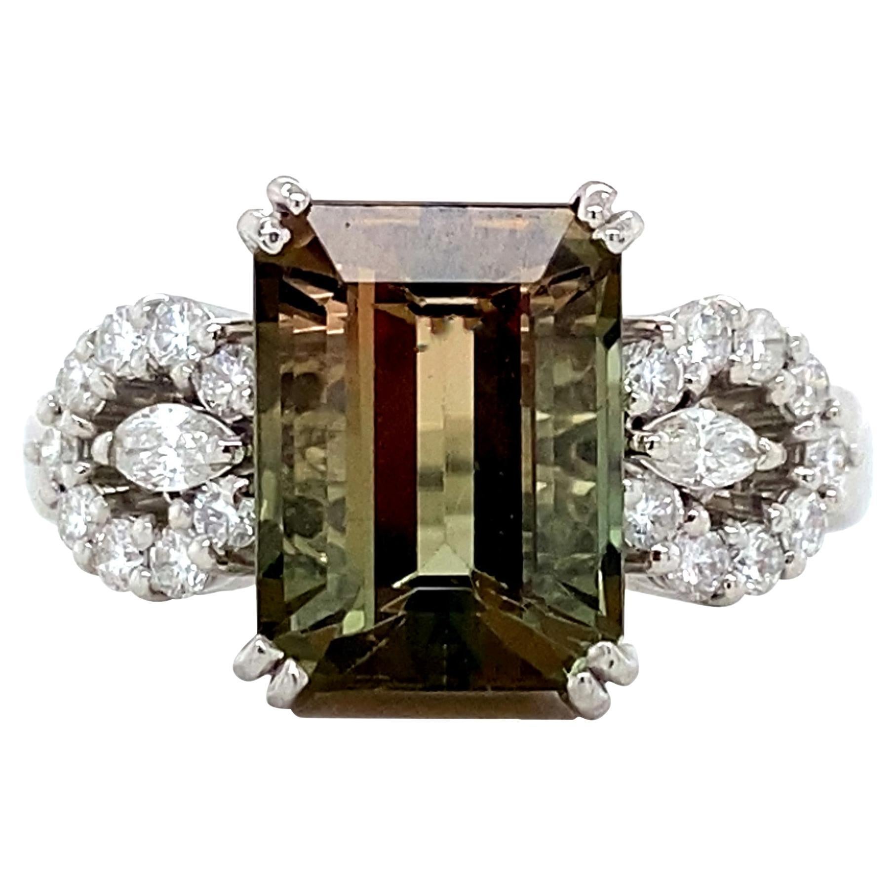 Watermelon Tourmaline 
Diamond Cocktail Ring, Platinum, Size 7.5 For Sale