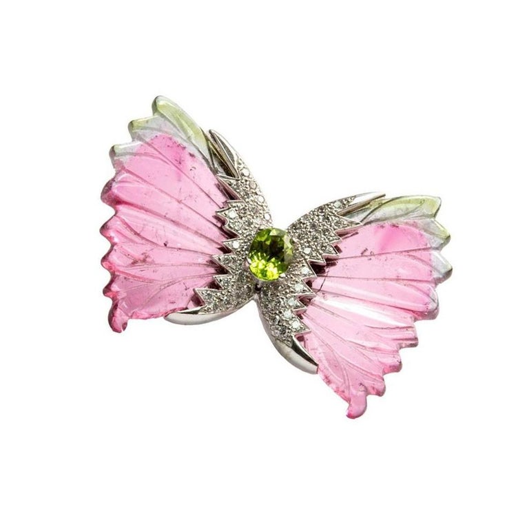 Modernist Watermelon Tourmaline Diamond Gold Butterfly Brooch Pin Estate Fine Jewelry For Sale