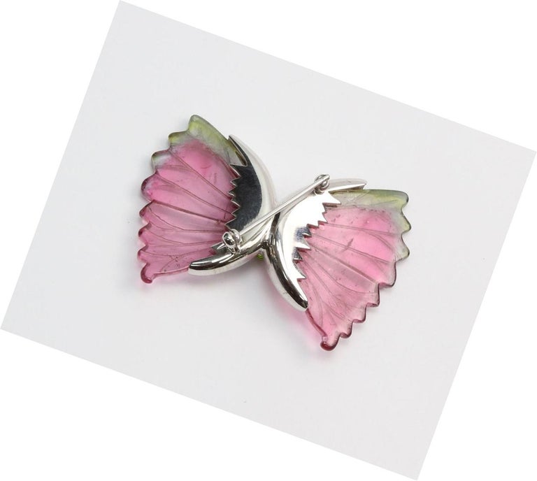 Mixed Cut Watermelon Tourmaline Diamond Gold Butterfly Brooch Pin Estate Fine Jewelry For Sale