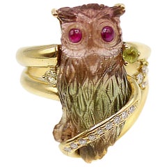 Watermelon Tourmaline Diamond Ruby 18 Karat Gold Owl Ring