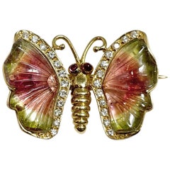 Vintage Watermelon Tourmaline Diamond Ruby 18k Yellow Gold Butterfly Pin Brooch