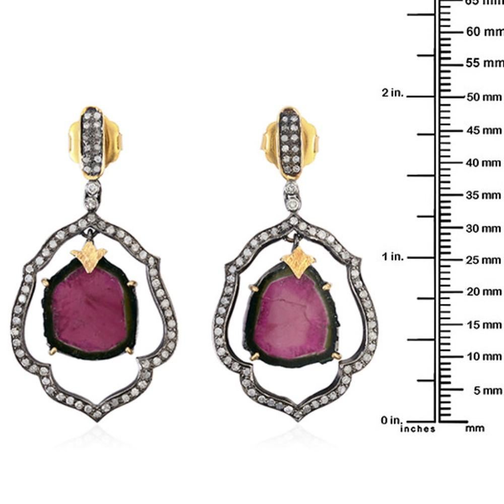 Mixed Cut Watermelon Tourmaline Earring Enclosed in Pave Diamonds Set In 18k Gold & Silver For Sale
