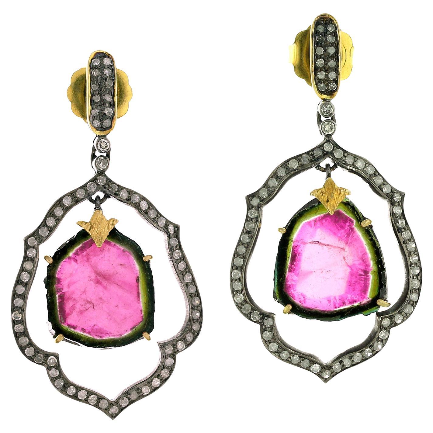 Watermelon Tourmaline Earring Enclosed in Pave Diamonds Set In 18k Gold & Silver For Sale