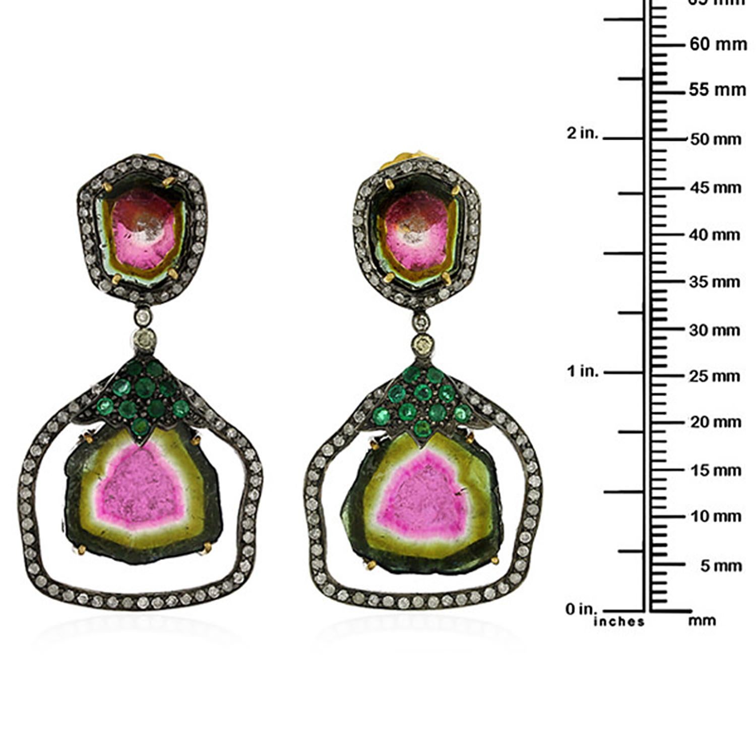 Mixed Cut Watermelon Tourmaline Earrings With Emerald & Pave Diamonds In 18k Gold & Silver For Sale
