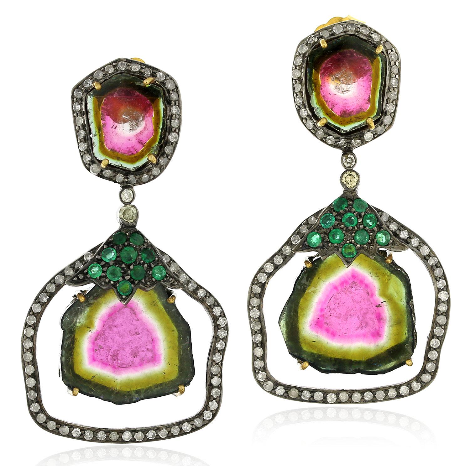 Watermelon Tourmaline Earrings With Emerald & Pave Diamonds In 18k Gold & Silver In New Condition For Sale In New York, NY