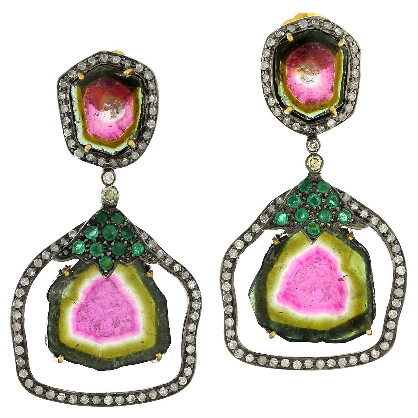 Watermelon Tourmaline Earrings With Emerald & Pave Diamonds In 18k Gold & Silver For Sale