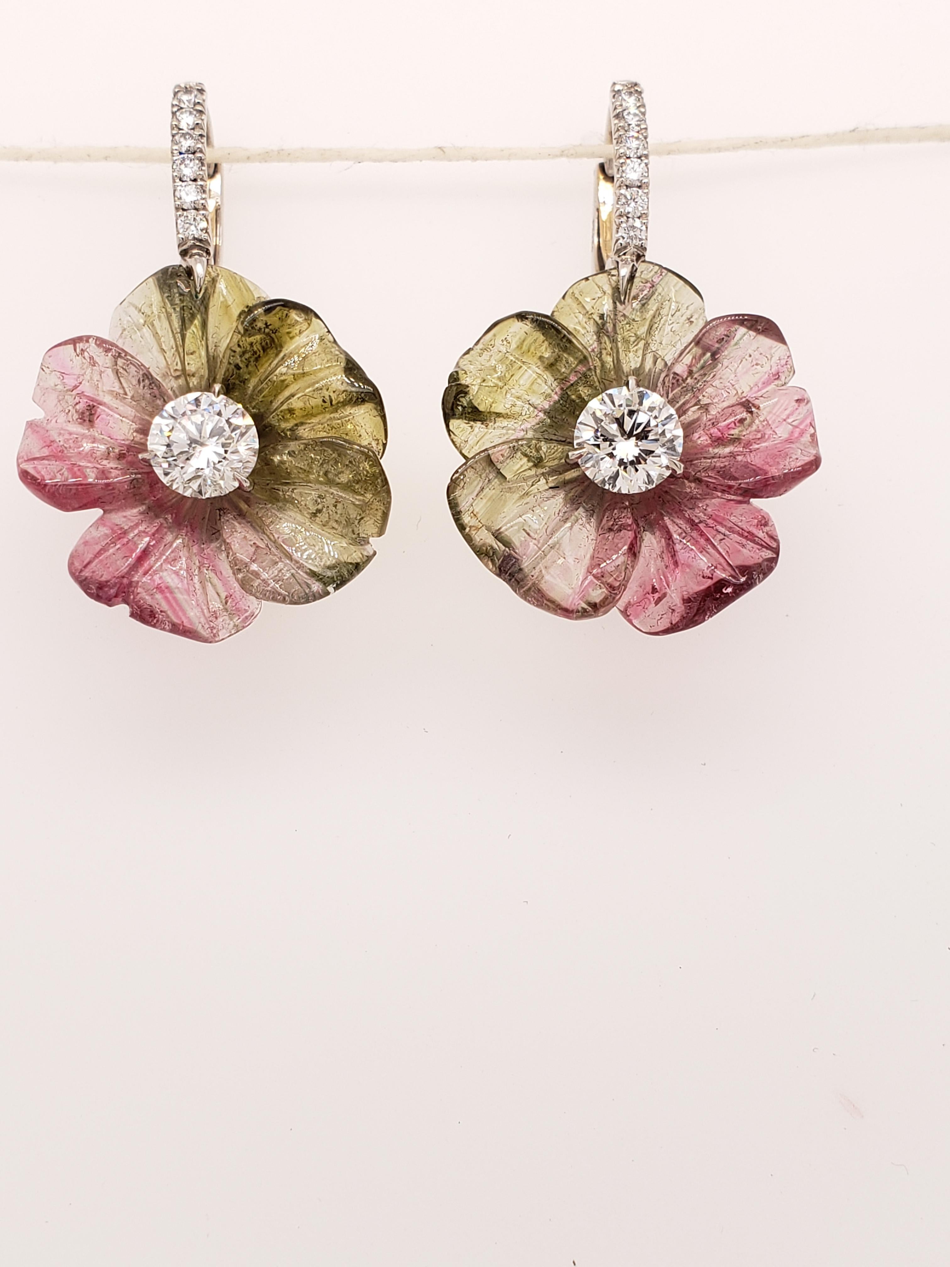 Contemporary Watermelon Tourmaline and GIA Certified Diamond Floral Earrings For Sale