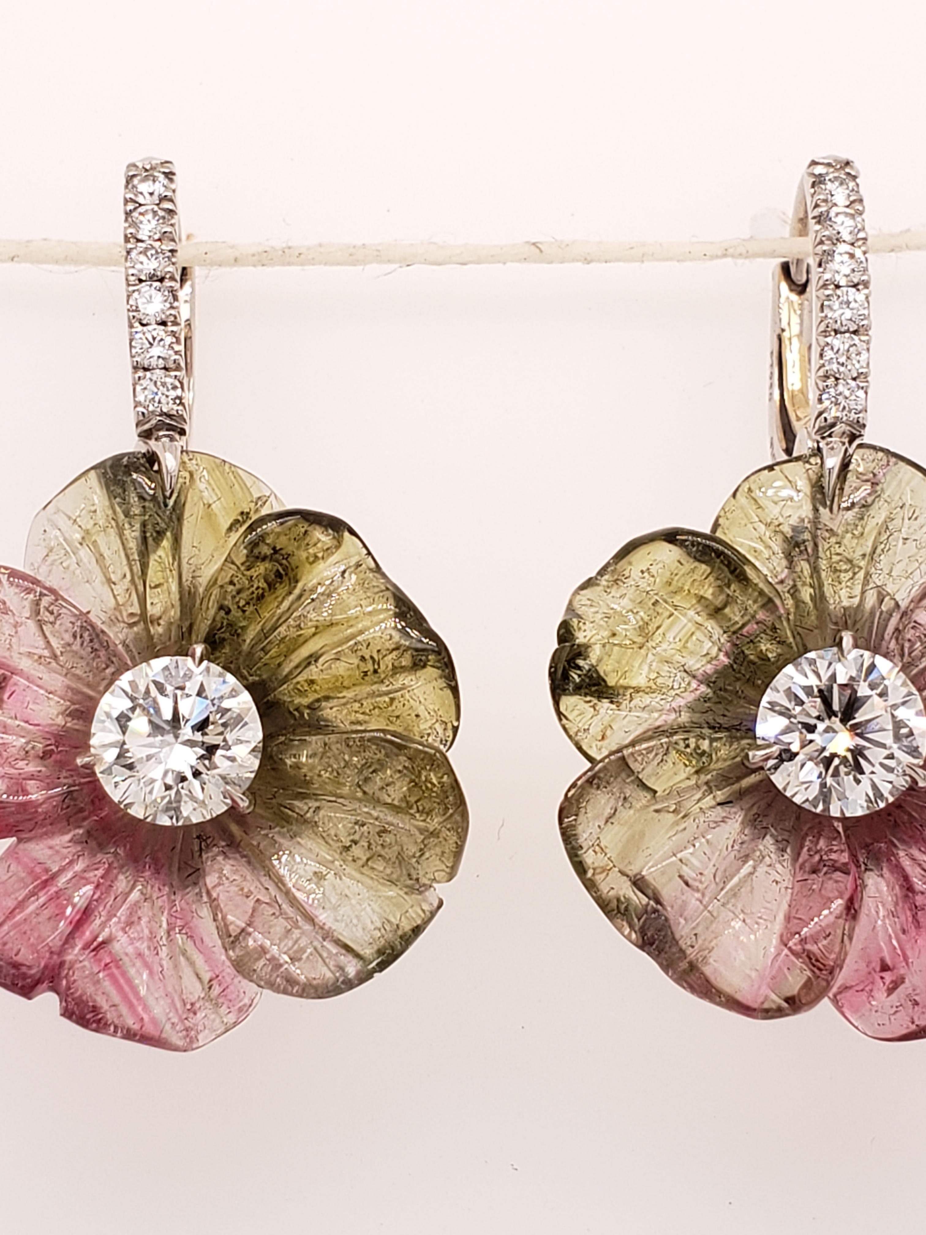Round Cut Watermelon Tourmaline and GIA Certified Diamond Floral Earrings For Sale