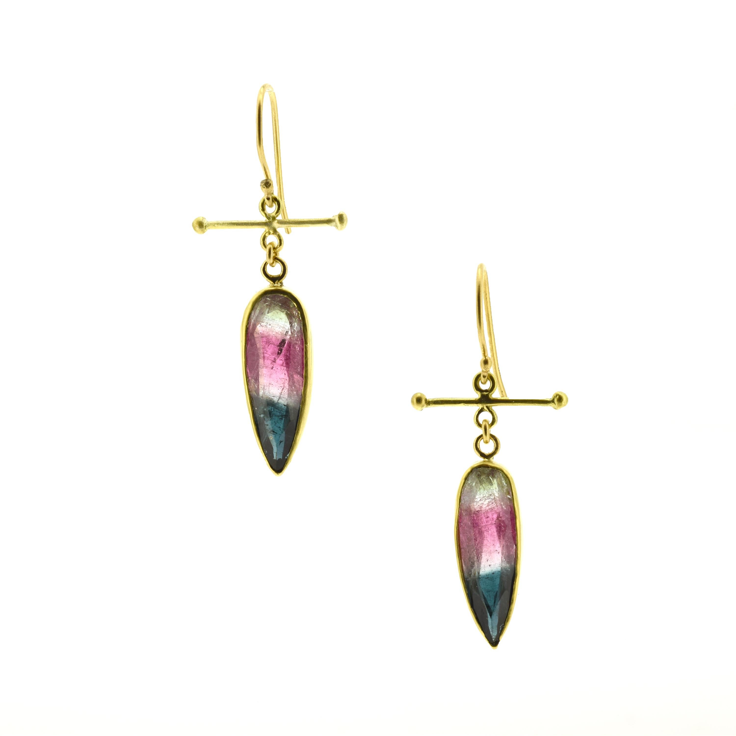 Artisan Watermelon Tourmaline Gold Earrings For Sale