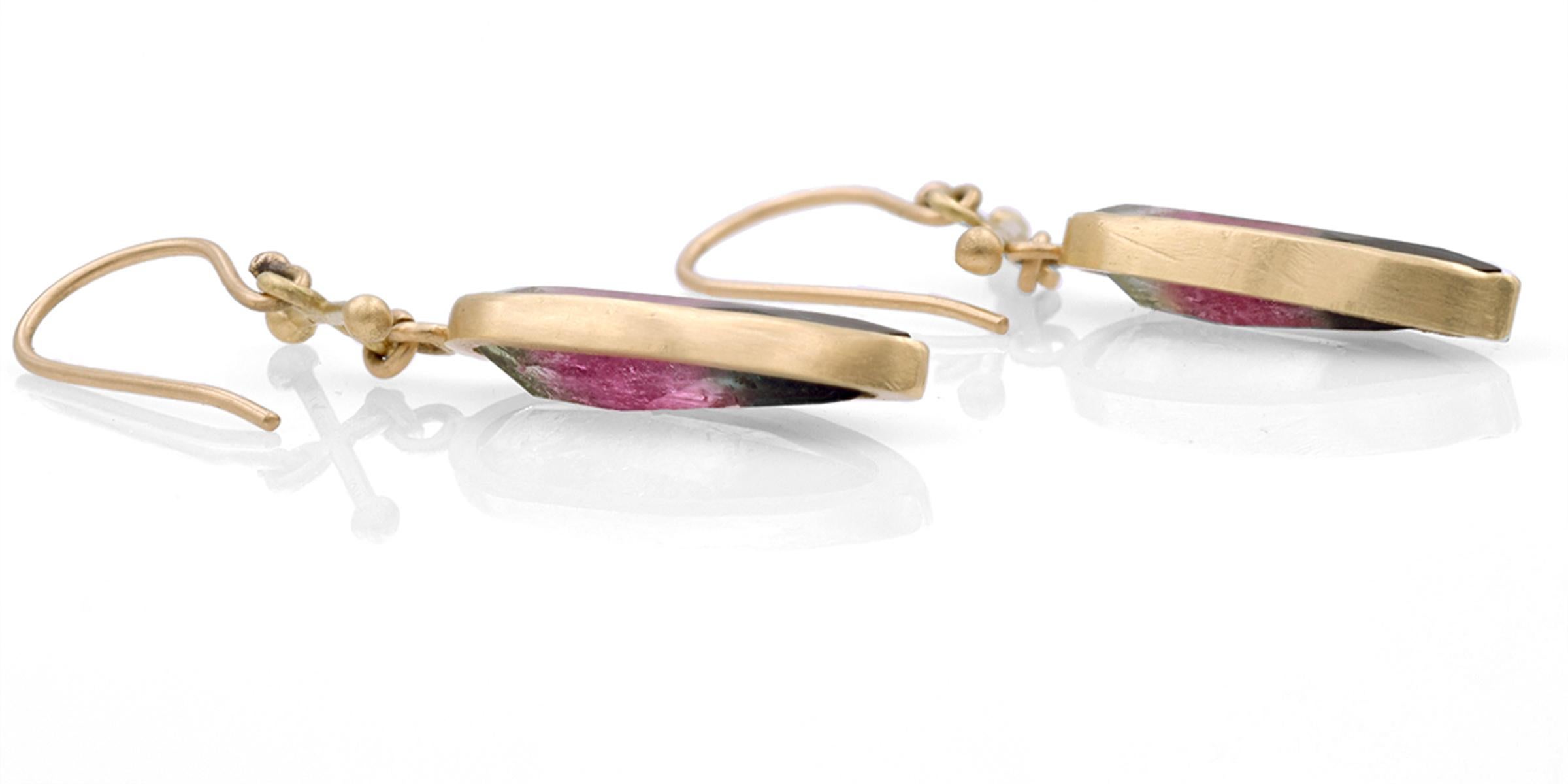 Pear Cut Watermelon Tourmaline Gold Earrings For Sale