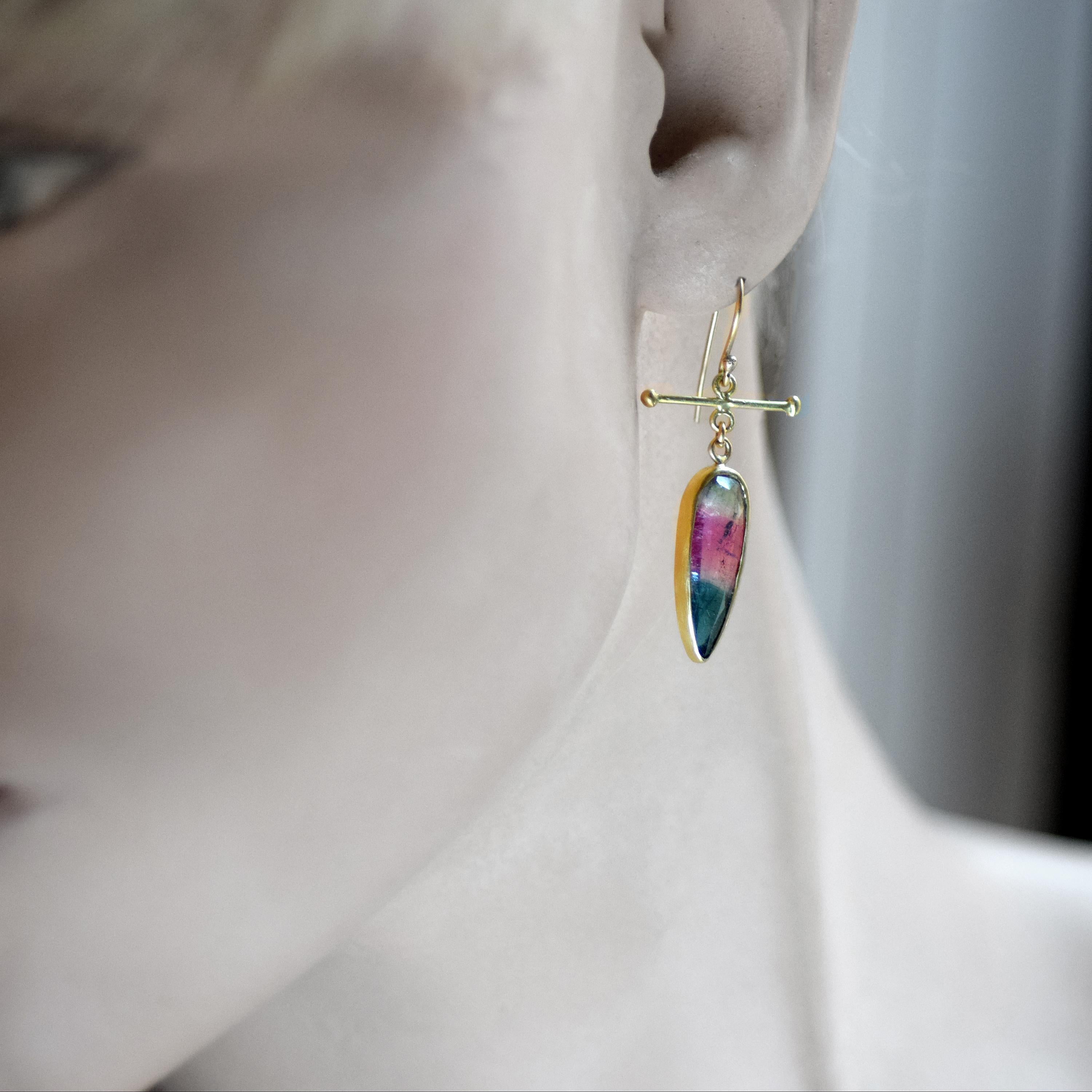 Women's Watermelon Tourmaline Gold Earrings For Sale