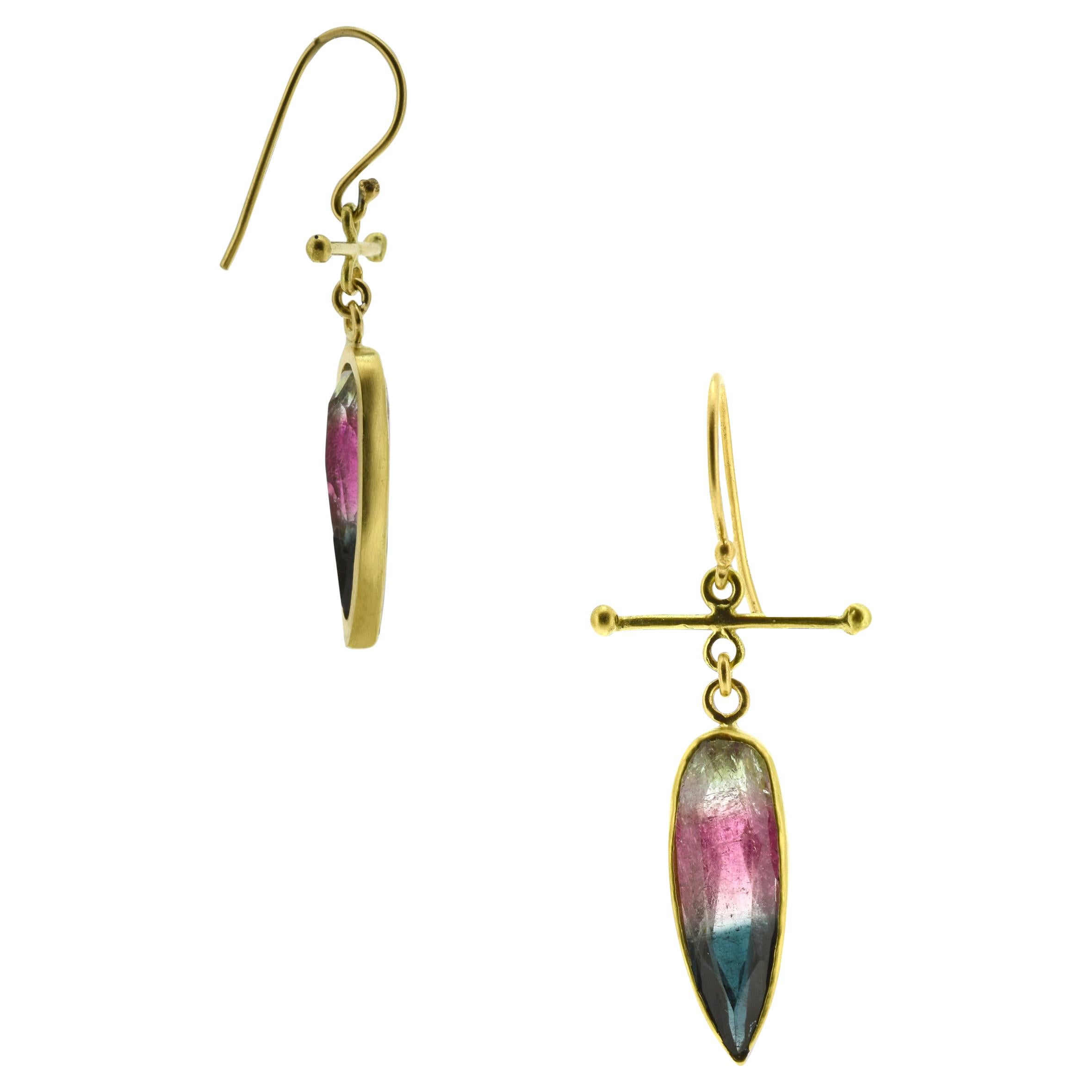 Using my Victorian watch fob inspired cross bar hang 2 Brazilian watermelon tourmaline pear shaped gems.  These faceted beauties weigh in at 9.2 carats total with the color variations from green to pink and back again.  The gems are ~22mm long each,