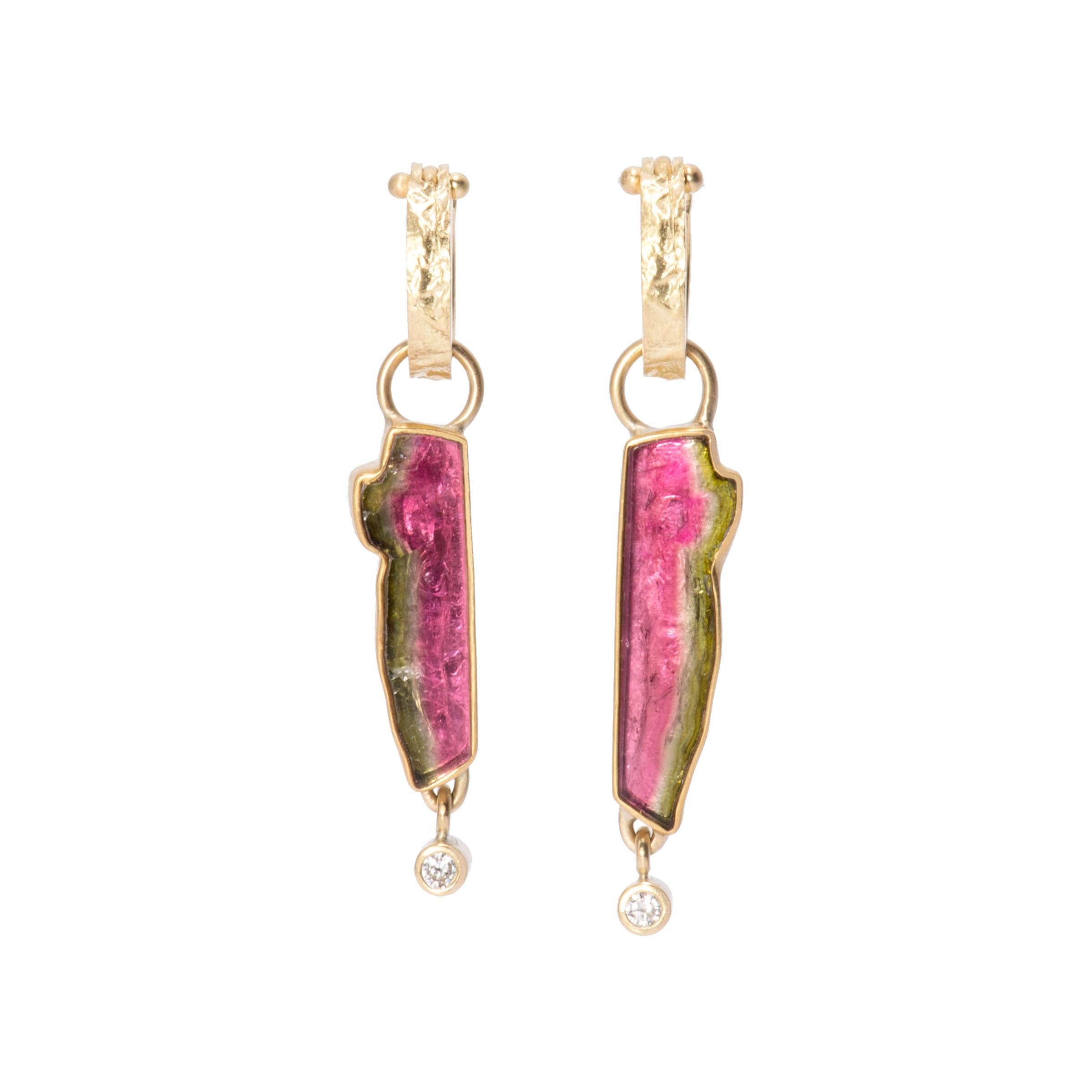 Watermelon Tourmaline Long Slice Drop Earrings in 18 Karat and 22 Karat Gold