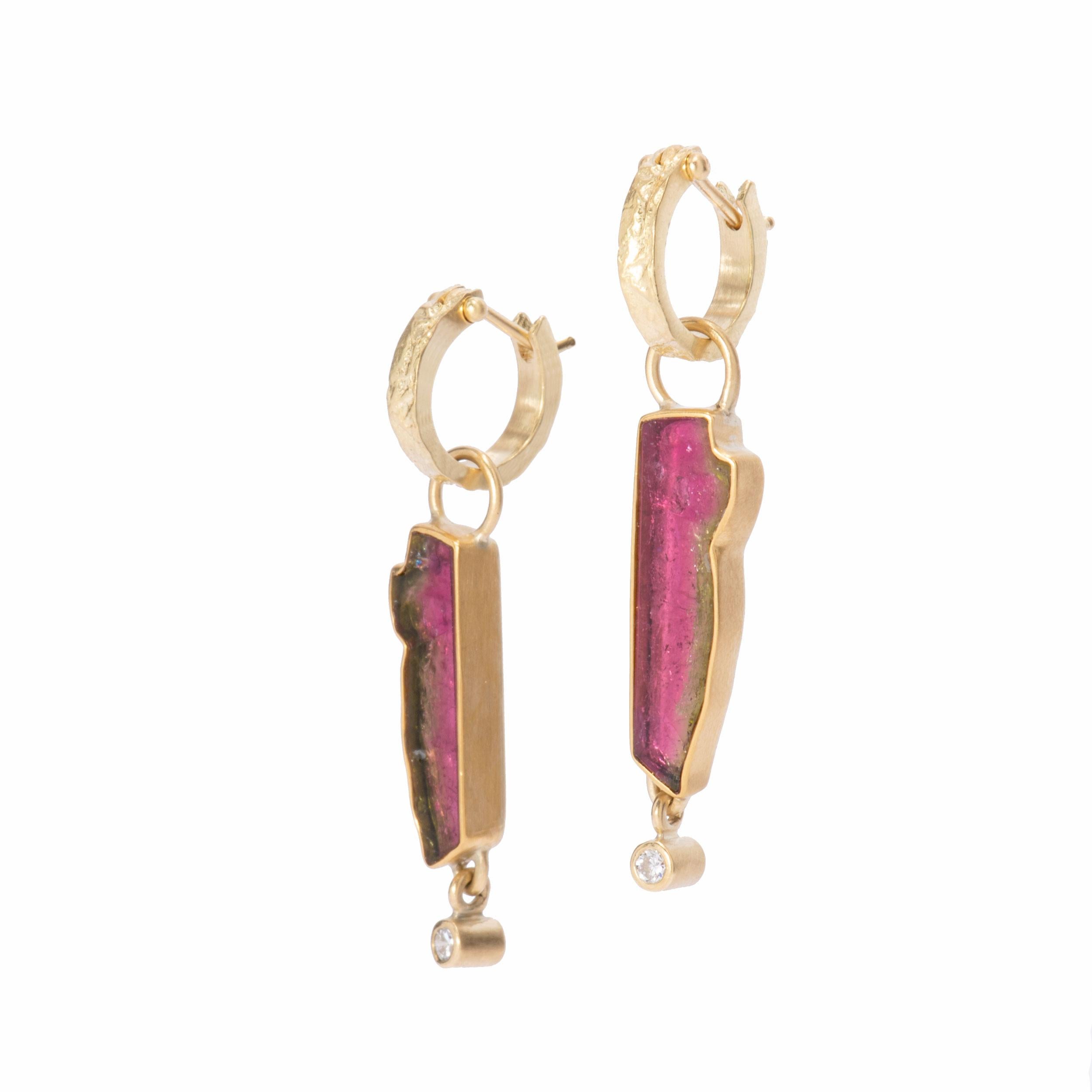 Olive, pink, rose and forest greens shimmer from these Watermelon Tourmaline Long Slice Drop Earrings. Each slice of watermelon tourmaline is naturally irregular and set in a 22k gold frame. Although matched, the stones are unique and therefore