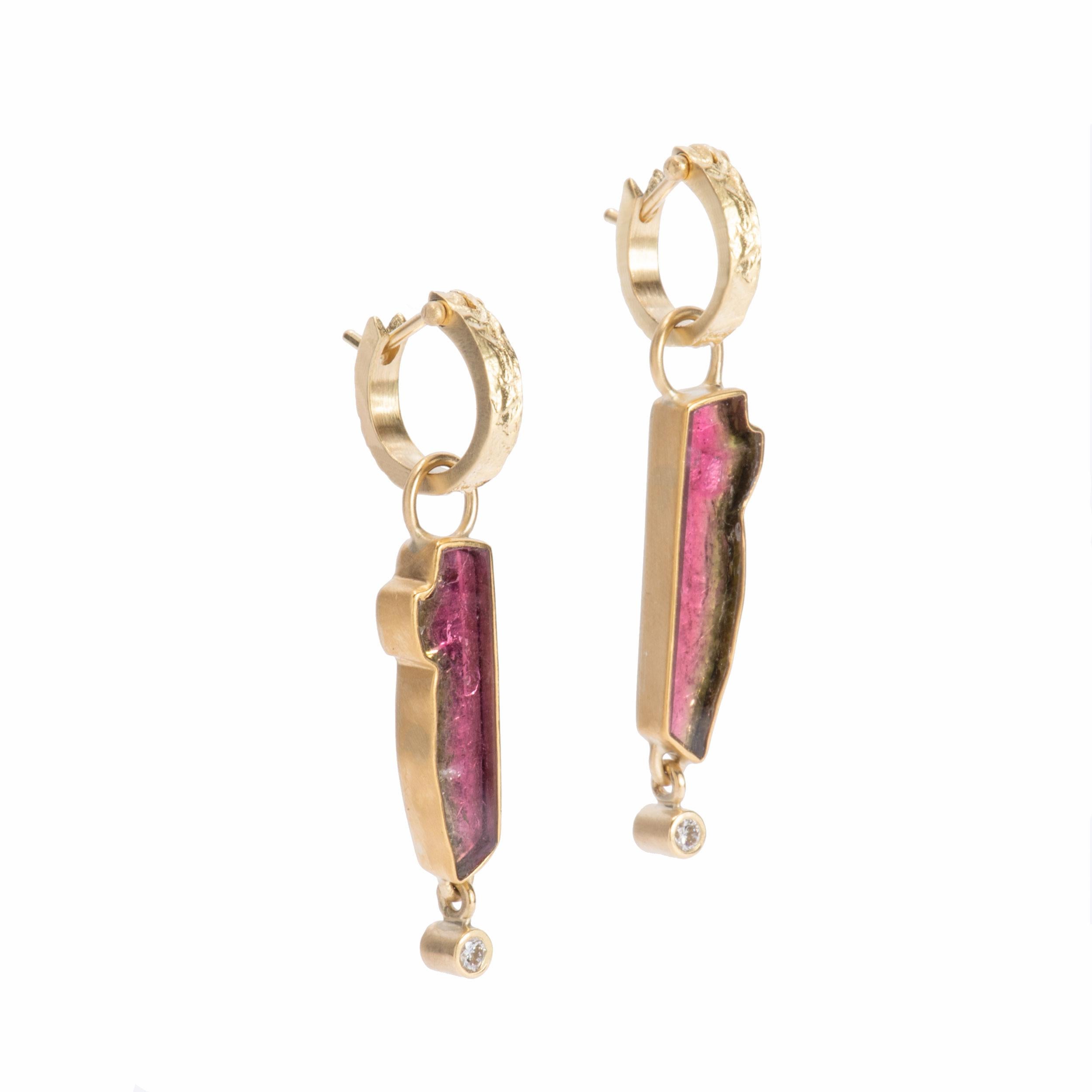 Contemporary Watermelon Tourmaline Long Slice Drop Earrings in 18 Karat and 22 Karat Gold