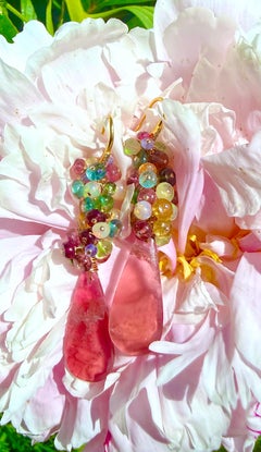 Watermelon Tourmaline, Multicolored Gemstones Earrings in 14K Solid Yellow Gold