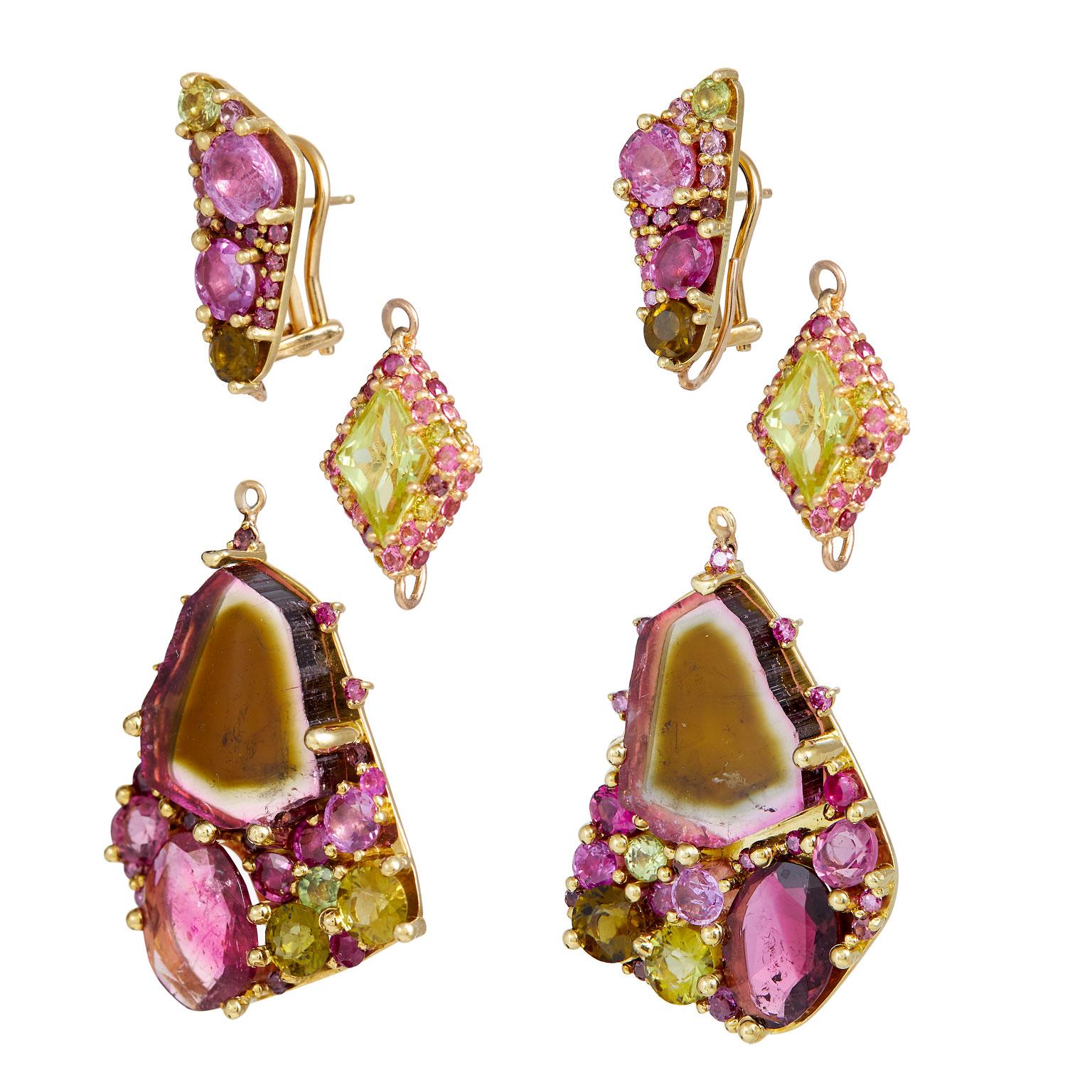Contemporary Watermelon Tourmaline, Pink & Yellow Diamonds, Sapphires, 18K Adjustable Earring For Sale