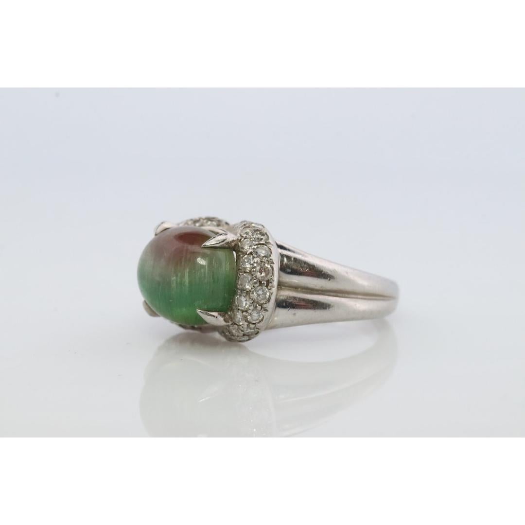 Watermelon Tourmaline ring. Platinum 900 Cat's Eye Tourmaline Cabochon Diamond For Sale 1