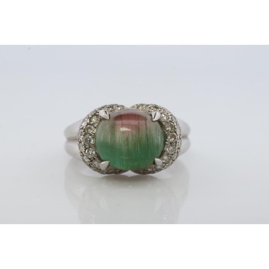 Watermelon Tourmaline ring. Platinum 900 Cat's Eye Tourmaline Cabochon Diamond For Sale 2