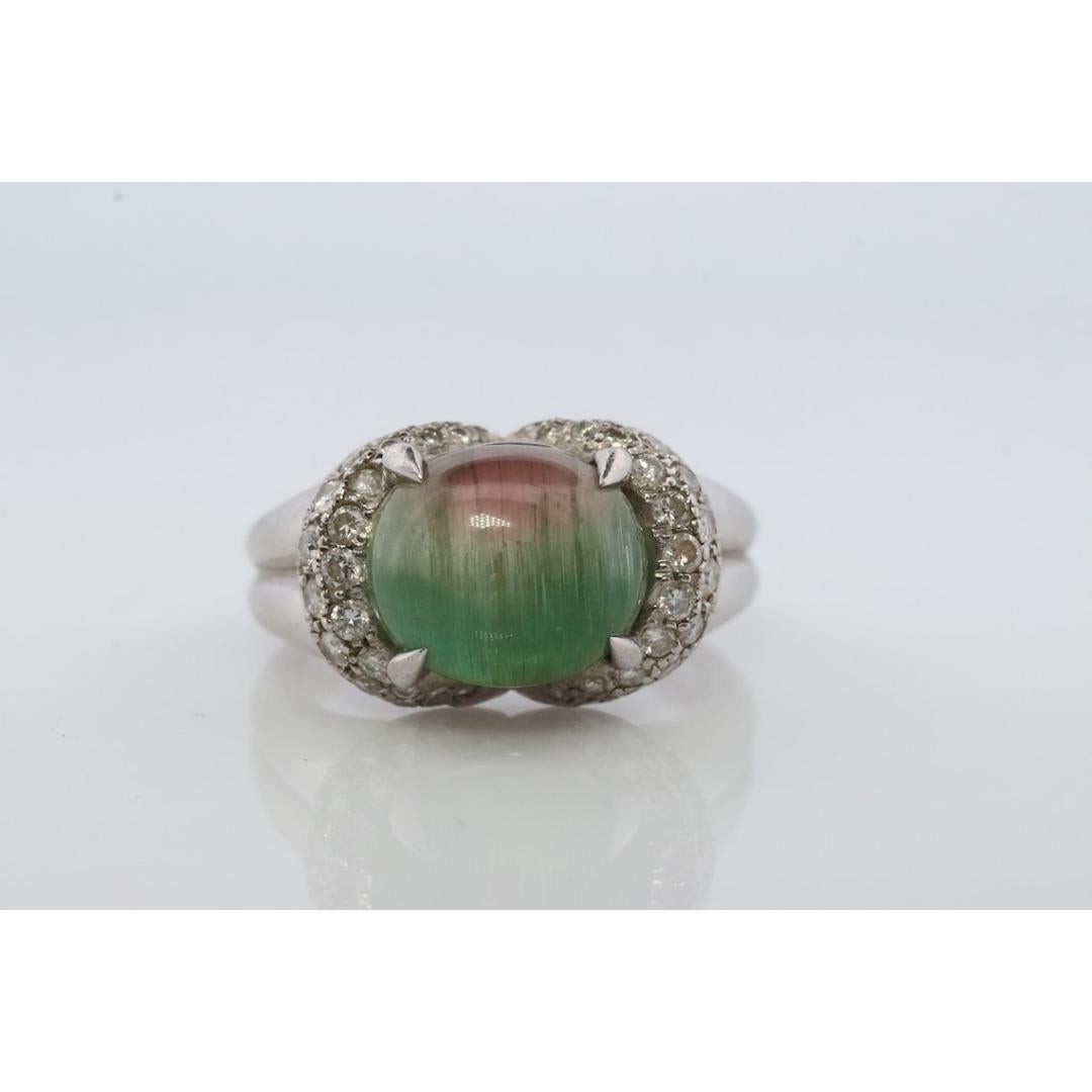 Watermelon Tourmaline ring. Platinum 900 Cat's Eye Tourmaline Cabochon Diamond For Sale 4