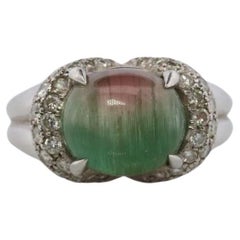 Watermelon Tourmaline ring. Platinum 900 Cat's Eye Tourmaline Cabochon Diamond
