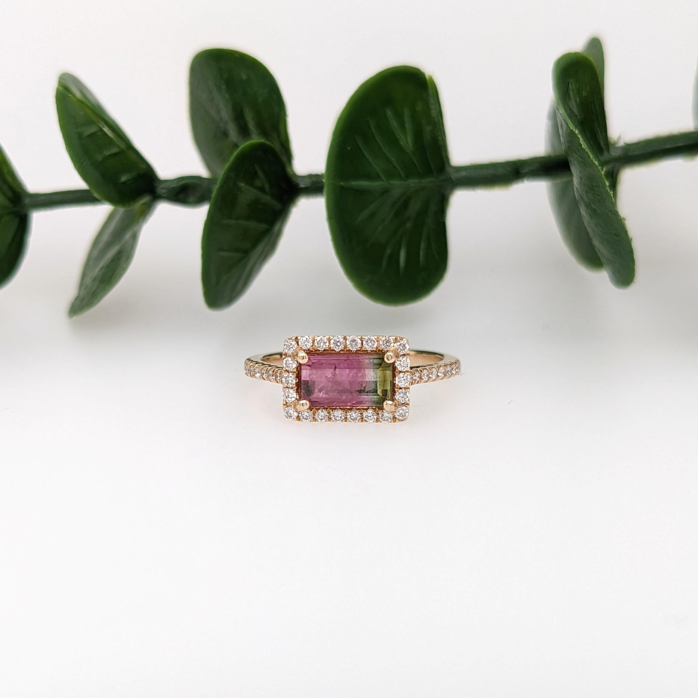 A unique watermelon tourmaline ring with an east west setting in 14k yellow gold. A deep and elegant presentation of greens and pinks highlighted by a sparling diamond halo and pave shank. Great as a statement piece for any formal