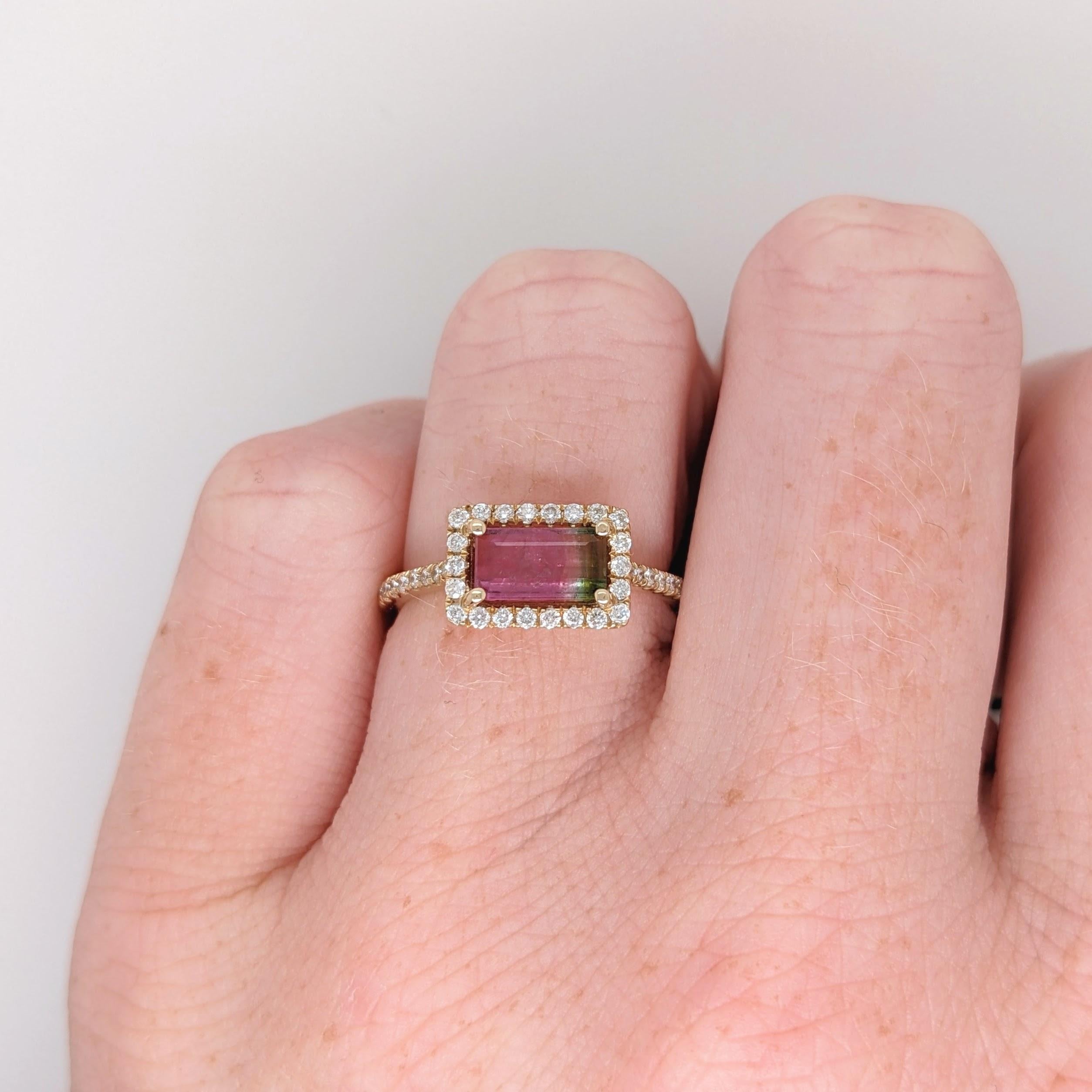 Watermelon Tourmaline Ring w Diamond Halo in Solid 14k Gold Emerald Cut 8x5mm In New Condition In Columbus, OH