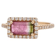 Watermelon-Turmalinring mit Diamant-Halo aus massivem 14k Gold mit Smaragdschliff im Smaragdschliff 8x5 mm