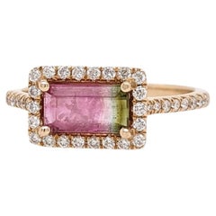 Watermelon Tourmaline Ring w Diamond Halo in Solid 14k Gold Emerald Cut 8x5mm