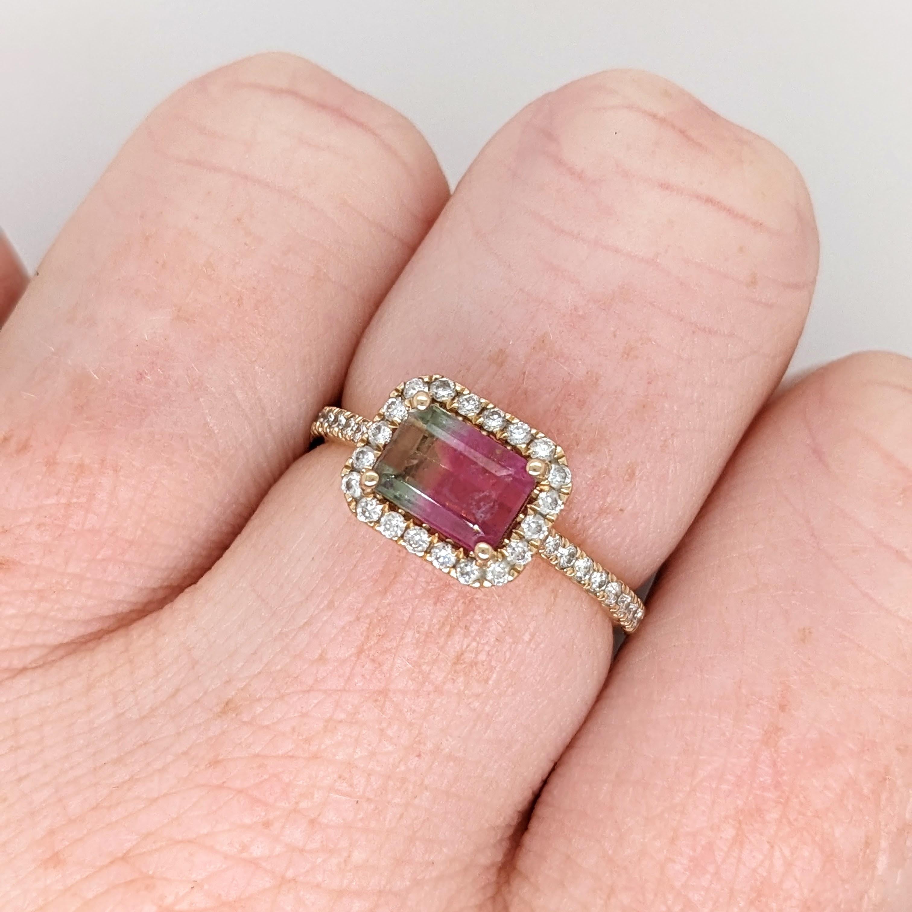 This ring features a beautiful emerald cut watermelon tourmaline in a classic NNJ Designs ring setting in 14k yellow gold. A gorgeous modern look that's perfectly balanced between minimalist and glamour. This ring also makes a beautiful October