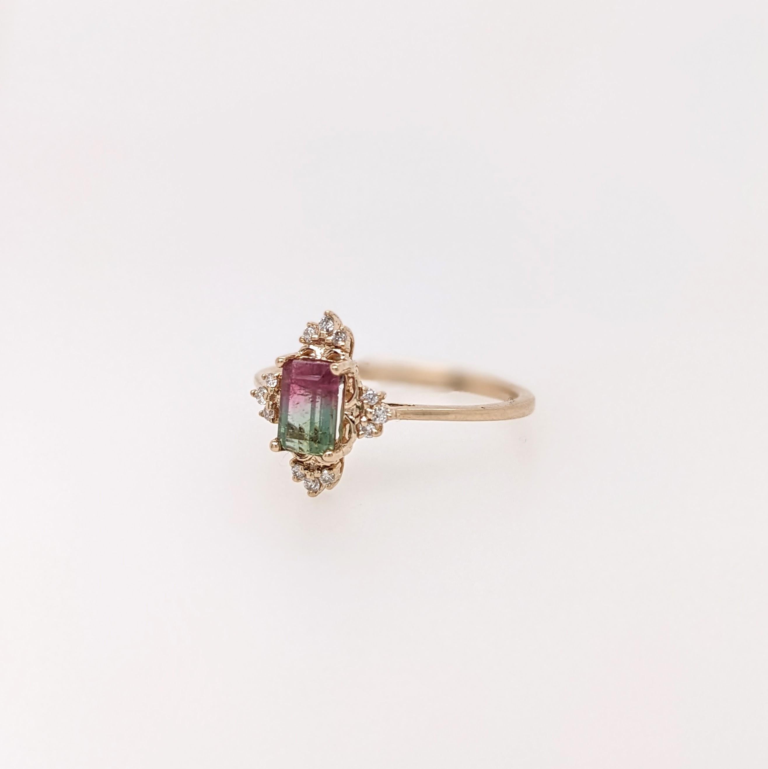 This ring features a beautiful watermelon tourmaline in 14k gold with natural earth-mined diamonds. A gorgeous modern look that's perfectly balanced between minimalist and glamour. This ring can be a beautiful October birthstone for your loved ones!