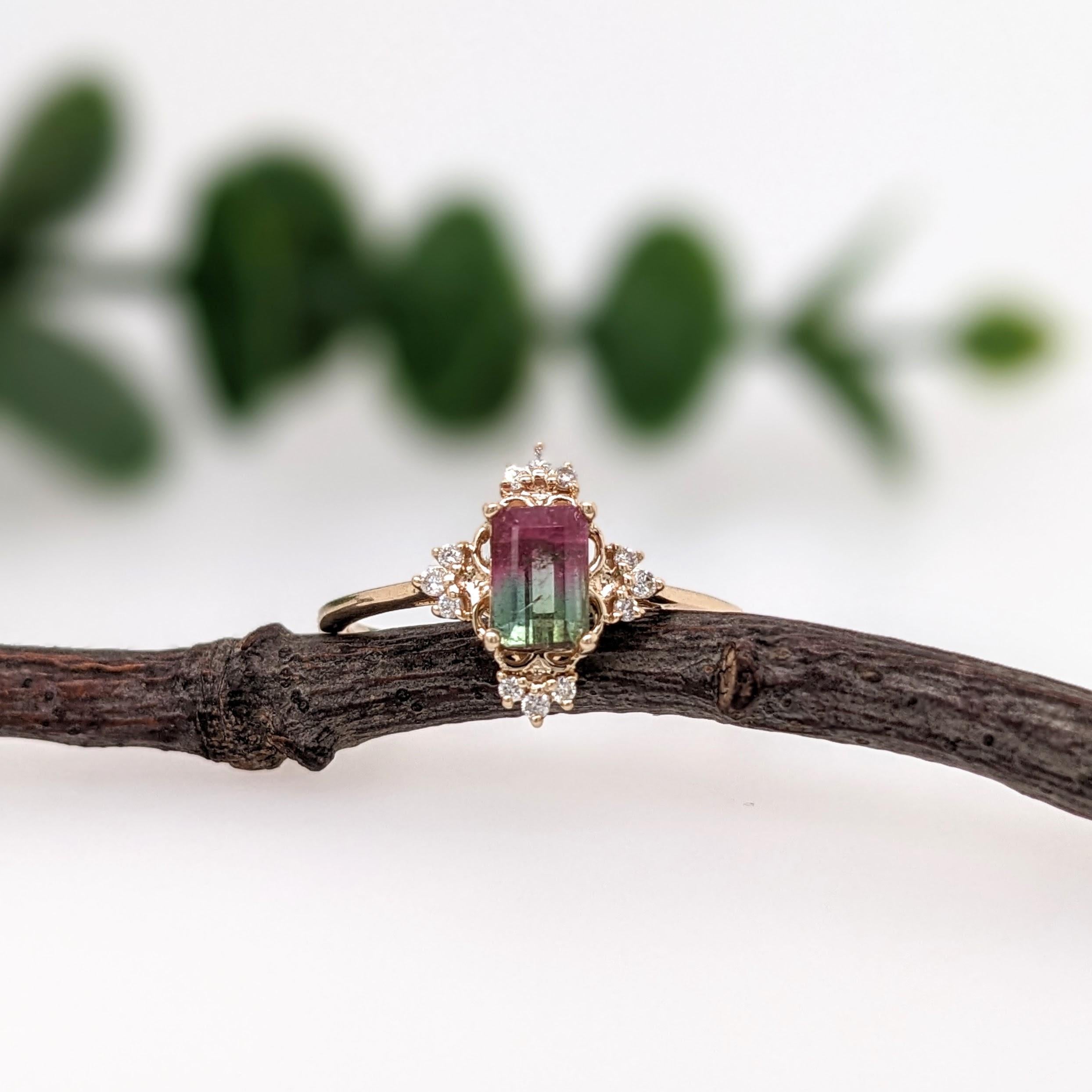 Watermelon Tourmaline Ring w Natural Diamonds in Solid 14K Yellow Gold EM 6x4mm In New Condition In Columbus, OH