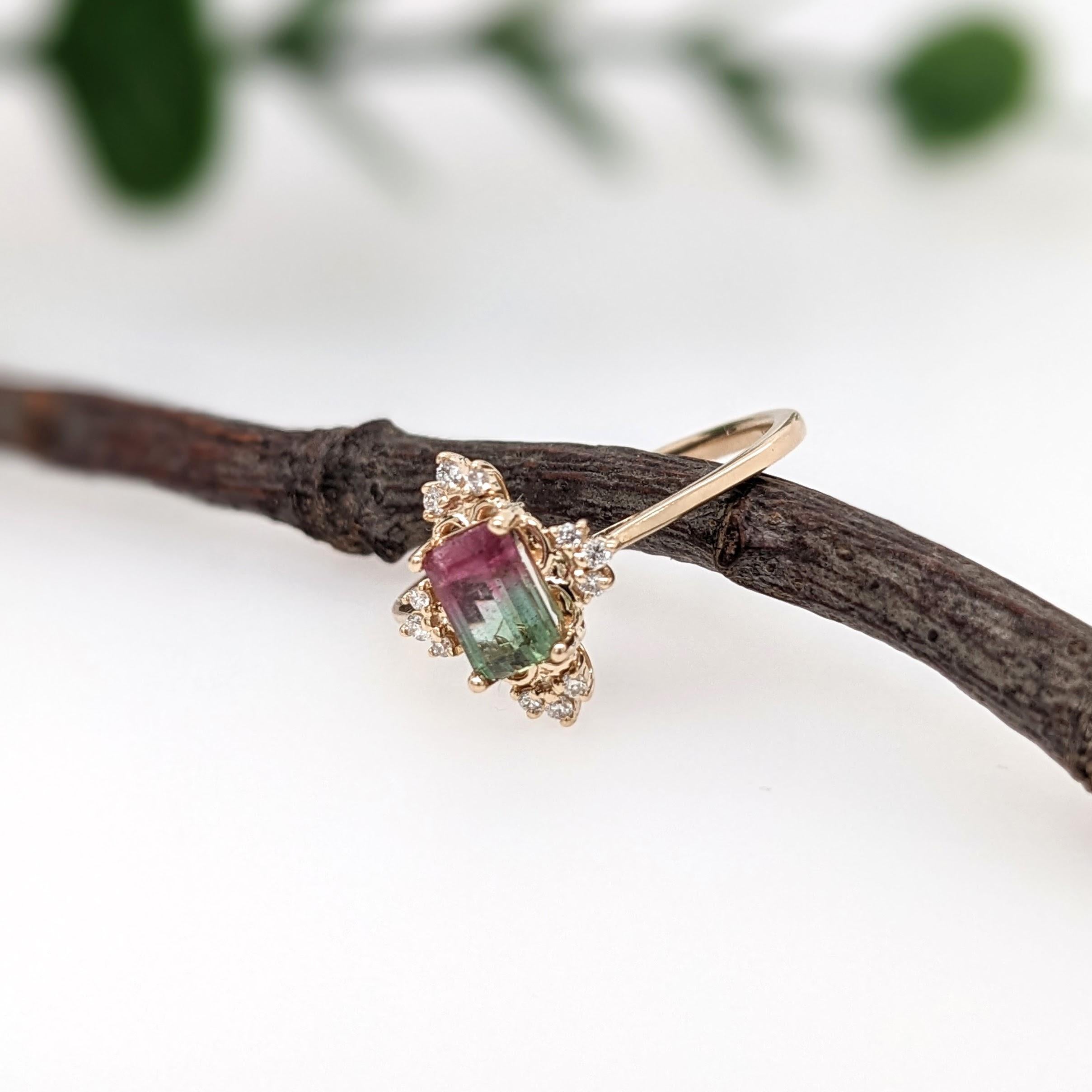 Watermelon Tourmaline Ring w Natural Diamonds in Solid 14K Yellow Gold EM 6x4mm 1